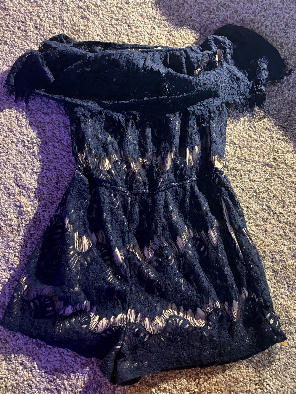 Navy Lace Off-Shoulder Romper with Nude Lining